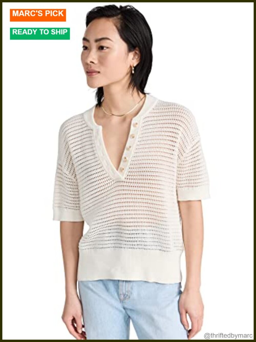 Callie Knit Top Lightweight Open Knit V Neck Elbow Sleeve Relaxed Fit
